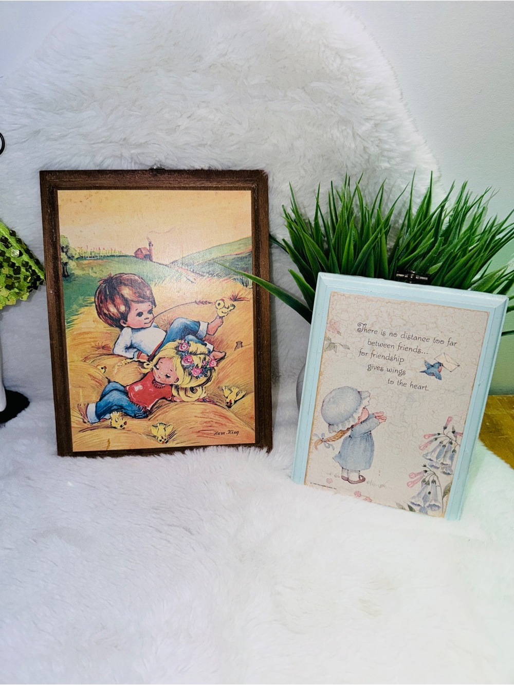 7x9” Vintage Children At Rest Framed Art & 5x7” Blue & Pink Child Plaque 💝
